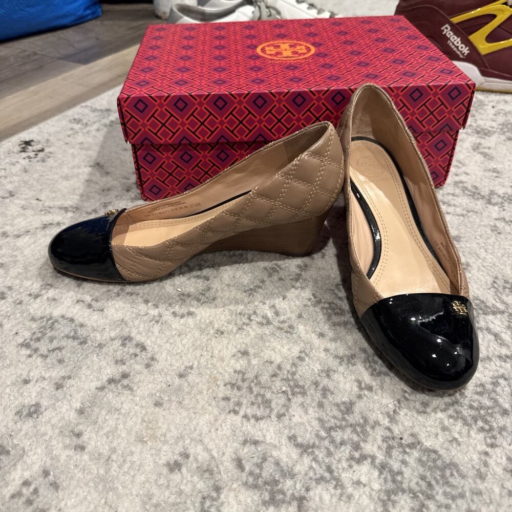 TORY BURCH CLAREMONT 60MM WEDGE QUILTED Leather BLACK SIZE 7.5